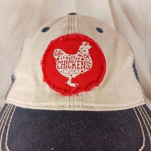 Ruby's Rubbish Blue White Trucker's Hat Life Better w/Chickens Around Patch OS